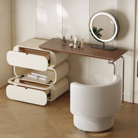 Walnut Top Makeup Vanity Set with 3-Drawer Storage & Swivel Chair