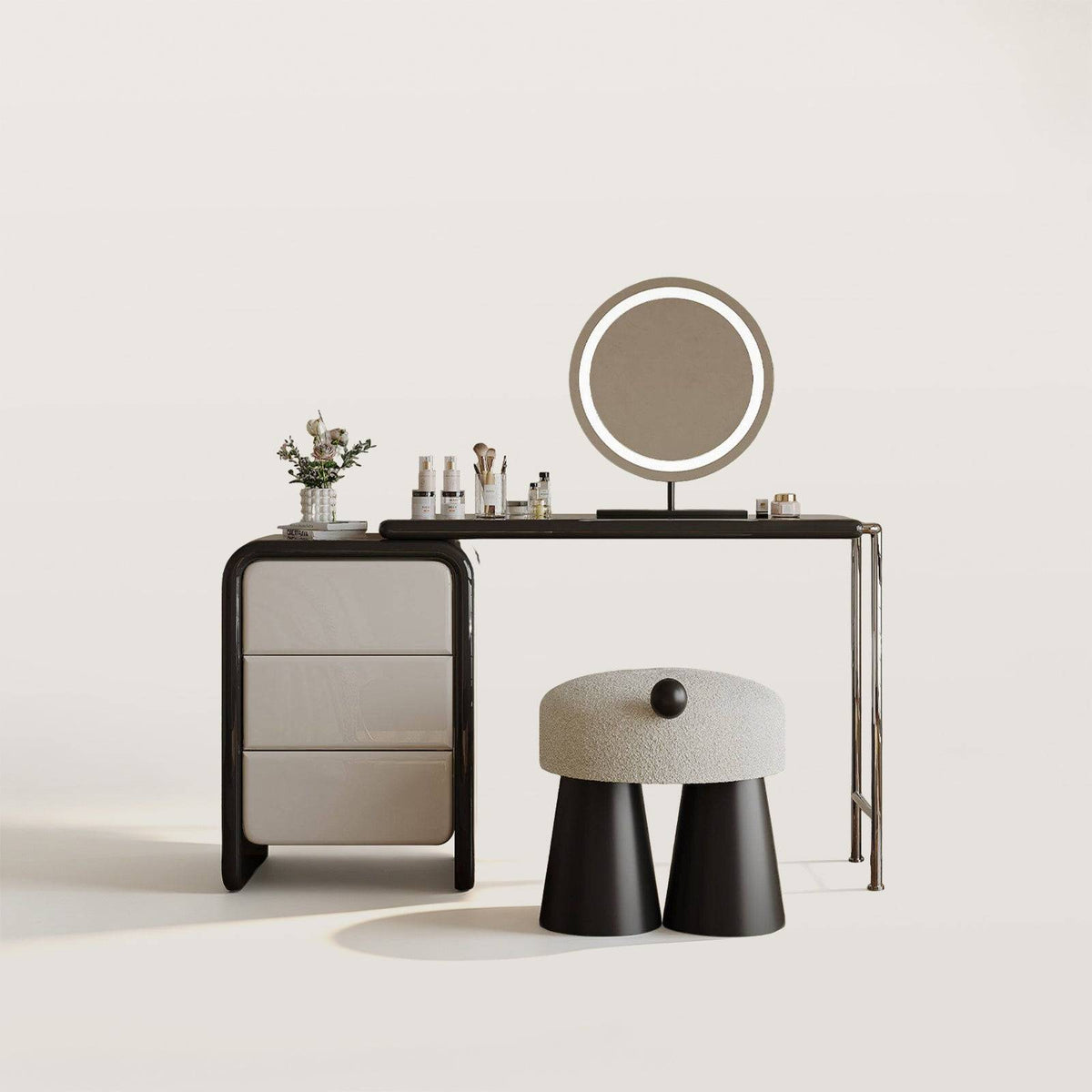 Black & Cream Makeup Vanity Dressing Table with Sculptural Stool