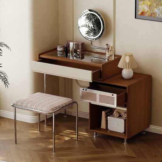 Mid-Century Makeup Vanity Desk with Glass Top & Metal Support