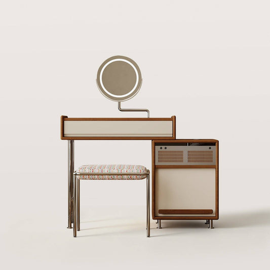Mid-Century Makeup Vanity Desk with Glass Top & Metal Support