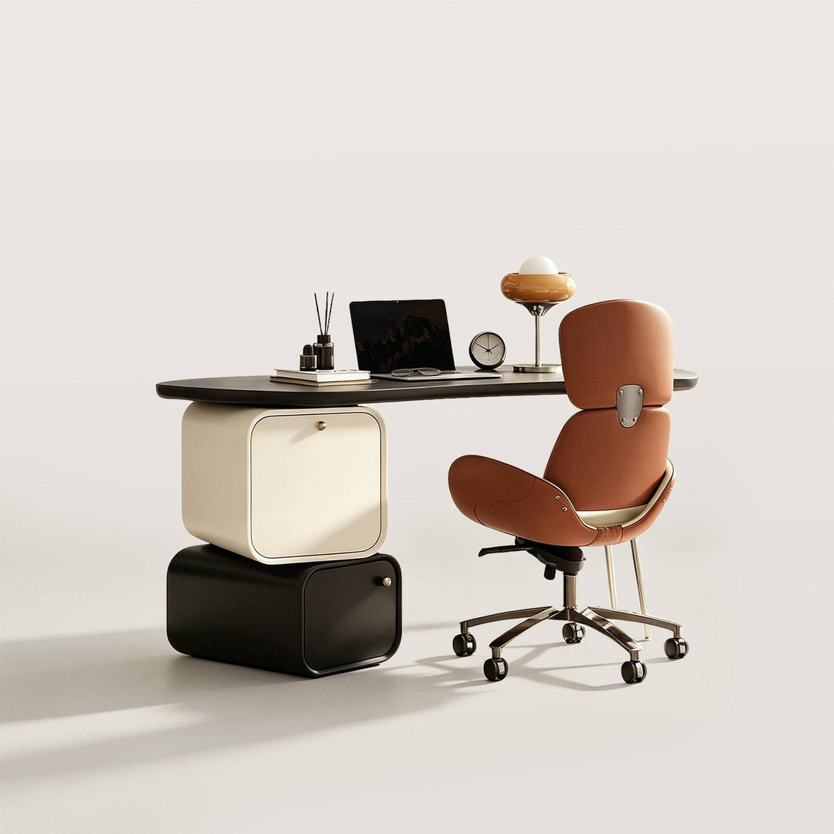 Curved Home Office Desk with Side Storage&Movable Chair