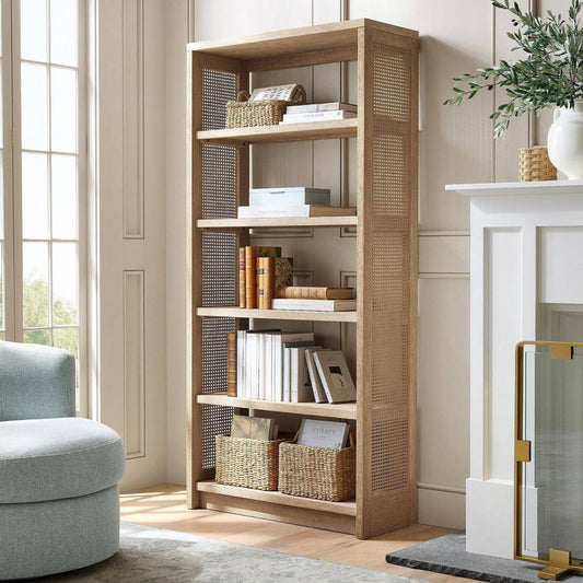 Rattan Bookcase Open Wood Bookshelf with Woven Side Panels