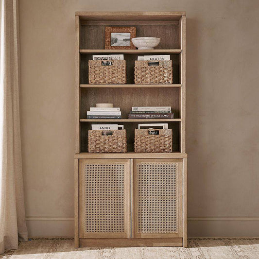 6-Tier Bookcase with Rattan Cabinet Doors and Adjustable Shelves