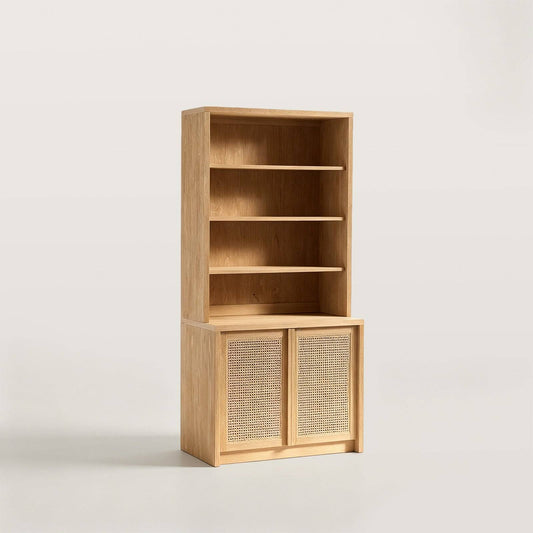 6-Tier Bookcase with Rattan Cabinet Doors and Adjustable Shelves