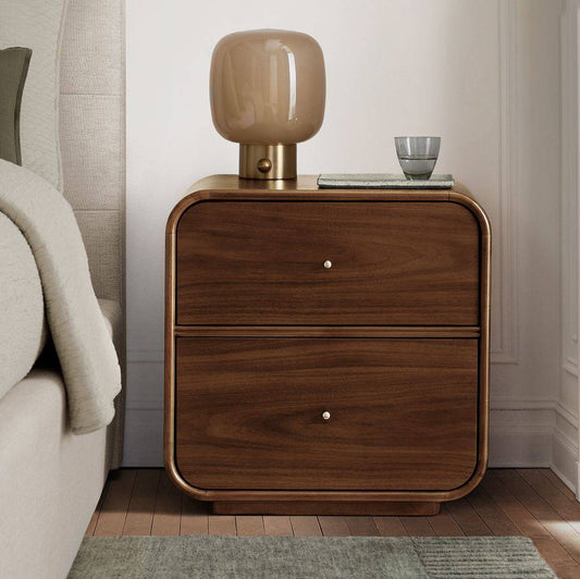 Mid-Century Curved Walnut Nightstand with 2 Drawers