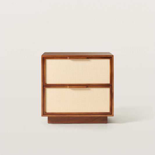 Mid-Century Wood Nightstand with Rattan Drawer Fronts