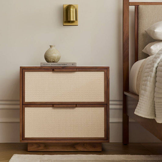 Mid-Century Wood Nightstand with Rattan Drawer Fronts