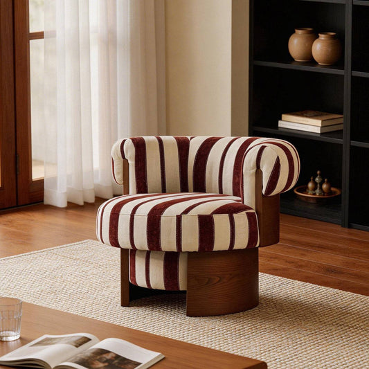 Retro Striped Swivel Armchair with Curved Backrest and Wood Base