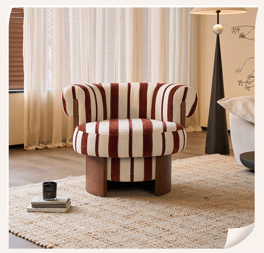 Retro Striped Swivel Armchair with Curved Backrest and Wood Base