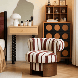 Retro Striped Swivel Armchair with Curved Backrest and Wood Base