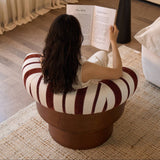 Retro Striped Swivel Armchair with Curved Backrest and Wood Base