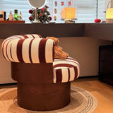 Retro Striped Swivel Armchair with Curved Backrest and Wood Base