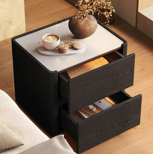 Minimalist 2-Drawer Nightstand with Stone Top for Bedroom