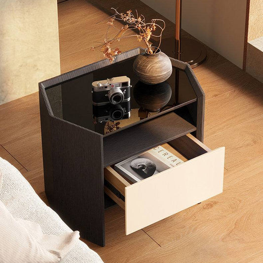 Diamond Shaped Nightstand with Glass Top and Open Shelf