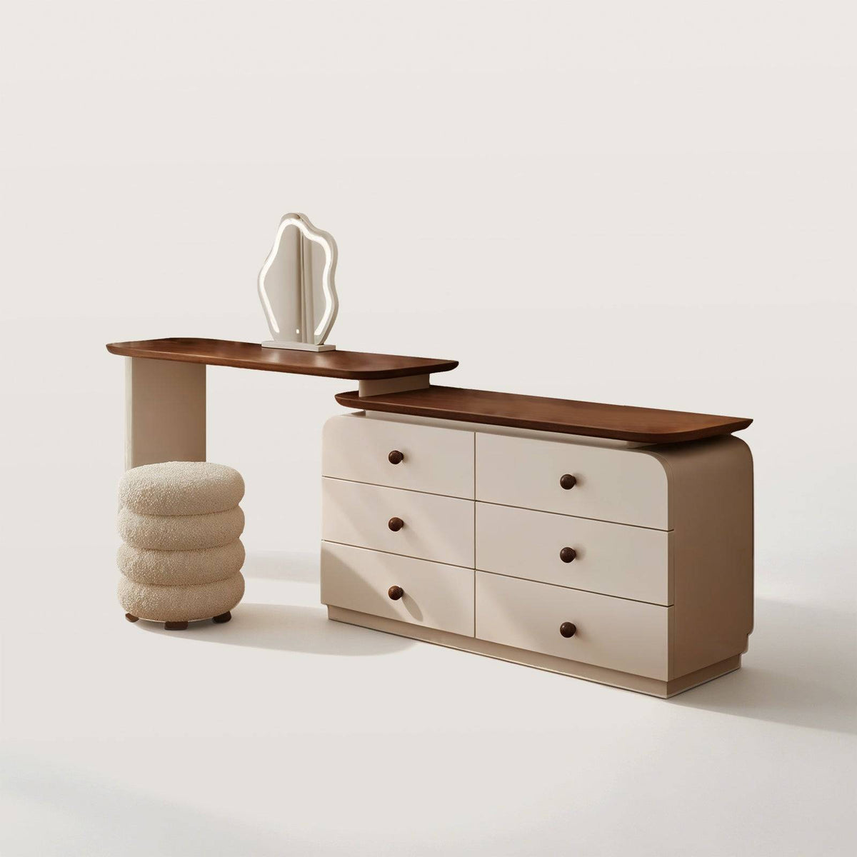 Extendable Cream Makeup Vanity with 6-Drawer Dresser