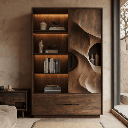 Ash Wood Display Cabinet with 4-Tier Shelving for Storage