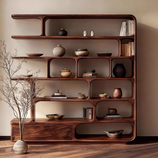 Zen-Inspired Wood Display Shelf with Asymmetrical Shelves