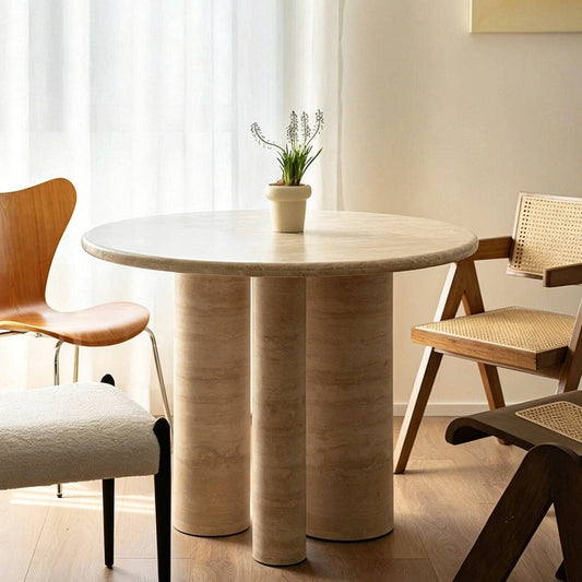 Natural Travertine Round Dining Table with 3 Column Legs
