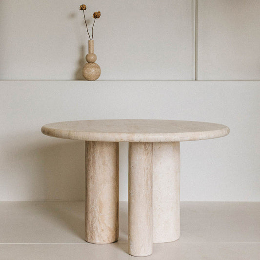 Natural Travertine Round Dining Table with 3 Column Legs
