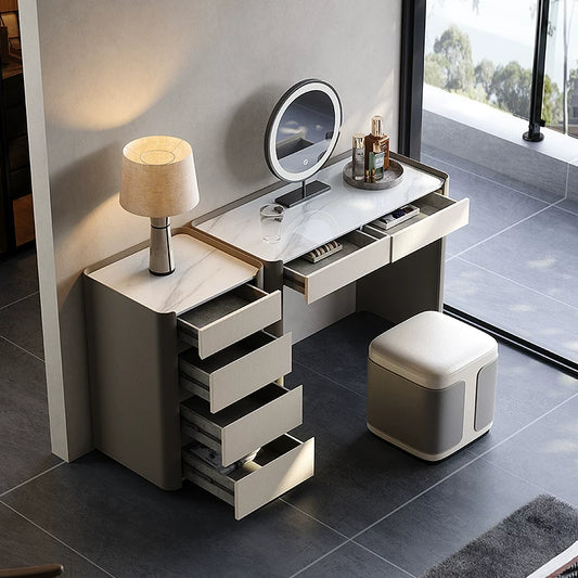 Sintered Stone Makeup Vanity with 4-Drawer Side Cabinet