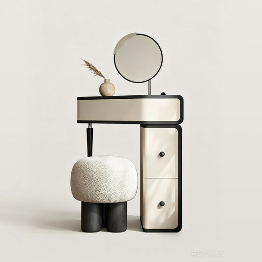 Corner Makeup Vanity with Rotating Storage and Side Drawers