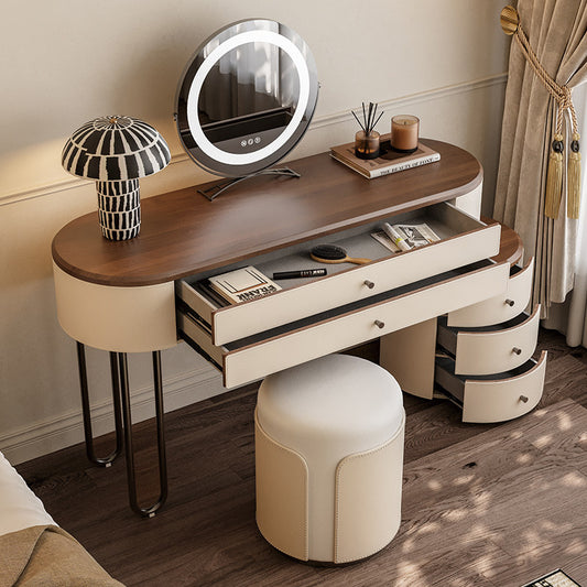 Makeup Vanity Table with LED Mirror and Round Side Cabinet
