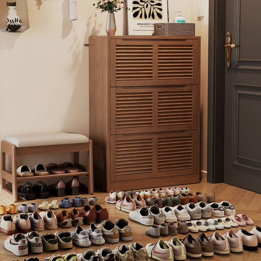 Louvered Flip-Down Shoe Cabinet with Natural Wood Grain