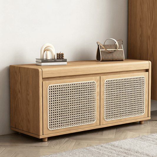 Entryway Rattan Shoe Cabinet with Flip-Top Shoe Changing Stool