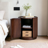 Round Fluted Wooden Nightstand with Hidden Door
