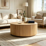 Oak Fluted Barrel Coffee Table with Texture for Living Room