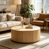 Oak Fluted Barrel Coffee Table with Texture for Living Room