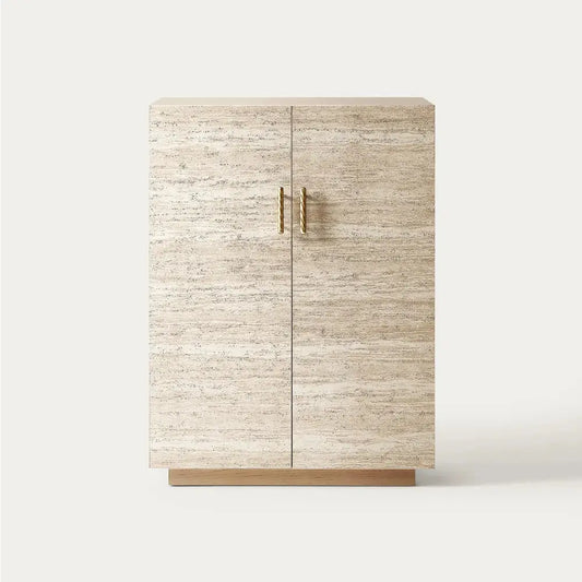 Travertine-Textured Bar Cabinet with Brass Cabinet Pull