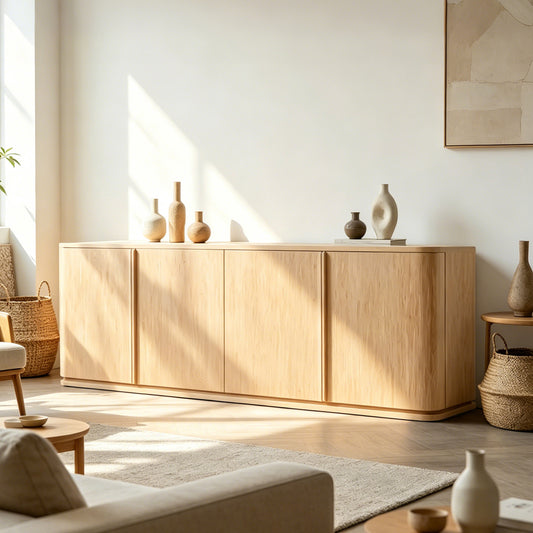 Oak Minimalist TV Stand with 4 Doors and Natural Grain