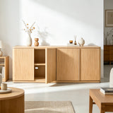 Oak Minimalist TV Stand with 4 Doors and Natural Grain