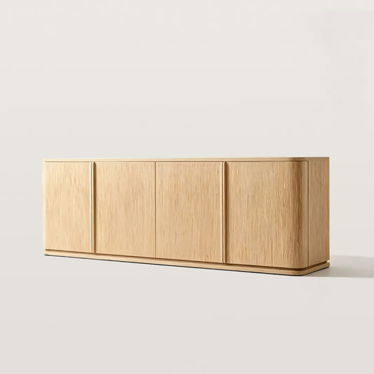Oak Minimalist TV Stand with 4 Doors and Natural Grain