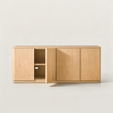 Oak Minimalist TV Stand with 4 Doors and Natural Grain