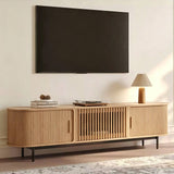 Oak Vertical Grain TV Stand with Sliding Doors and Metal Legs