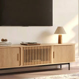 Oak Vertical Grain TV Stand with Sliding Doors and Metal Legs