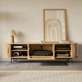 Oak Vertical Grain TV Stand with Sliding Doors and Metal Legs