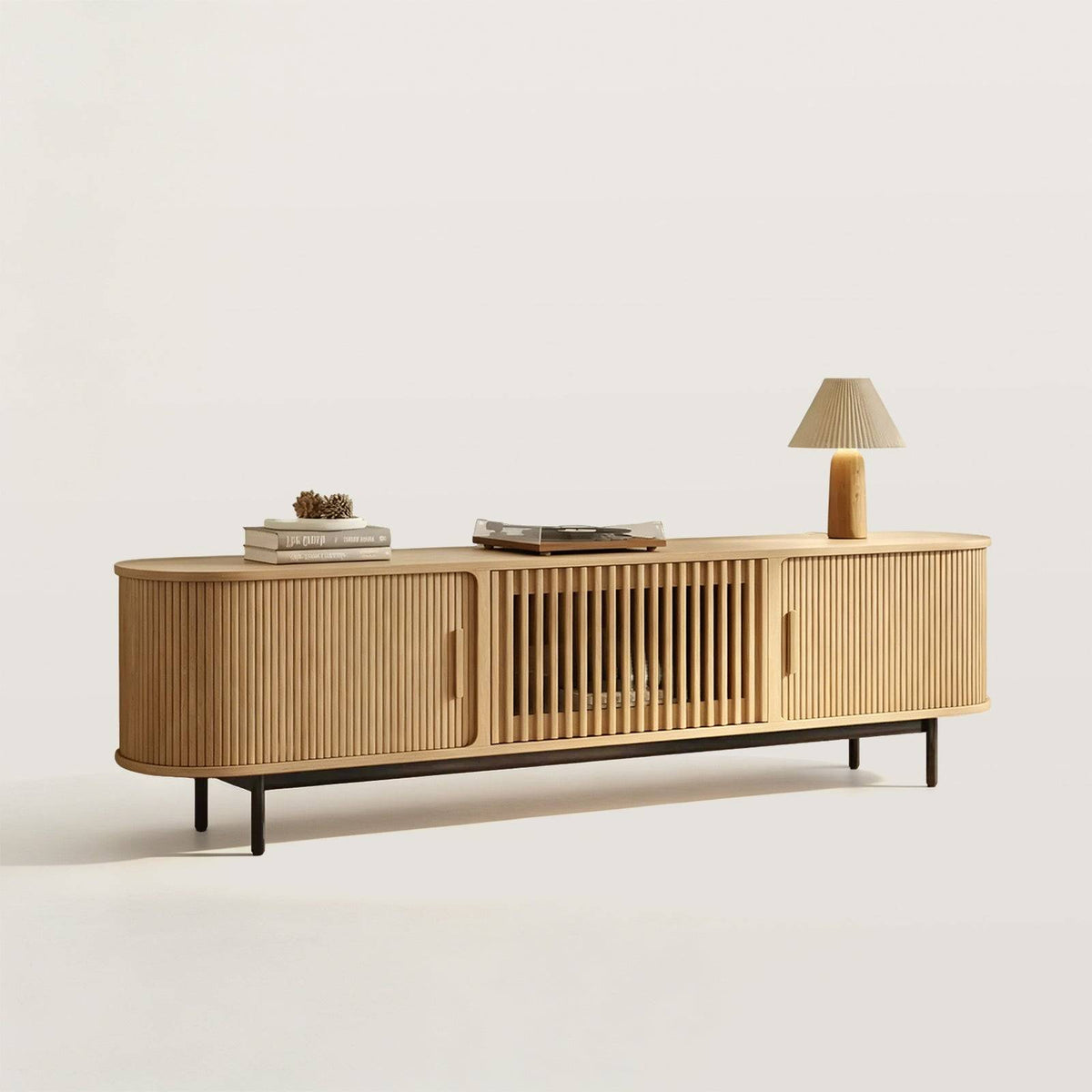Oak Vertical Grain TV Stand with Sliding Doors and Metal Legs