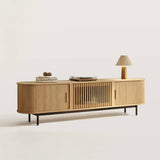 Oak Vertical Grain TV Stand with Sliding Doors and Metal Legs