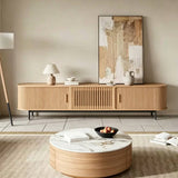 Oak Vertical Grain TV Stand with Sliding Doors and Metal Legs