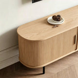 Oak Vertical Grain TV Stand with Sliding Doors and Metal Legs