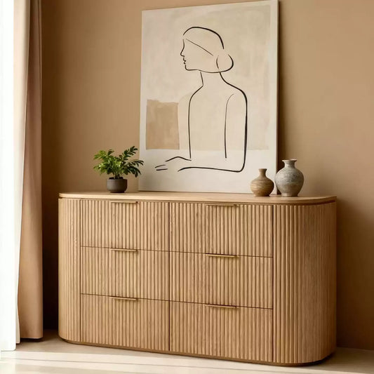 Oak 6-Drawer Cueved Dresser with Soft-Close Drawers