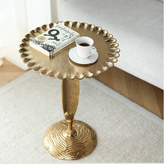 Golden Side Table End Table with Delicate Floral Leaf Pattern