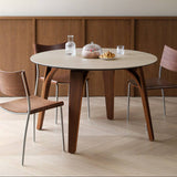 Sintered Stone Round Dining Table with Curved Wood Legs