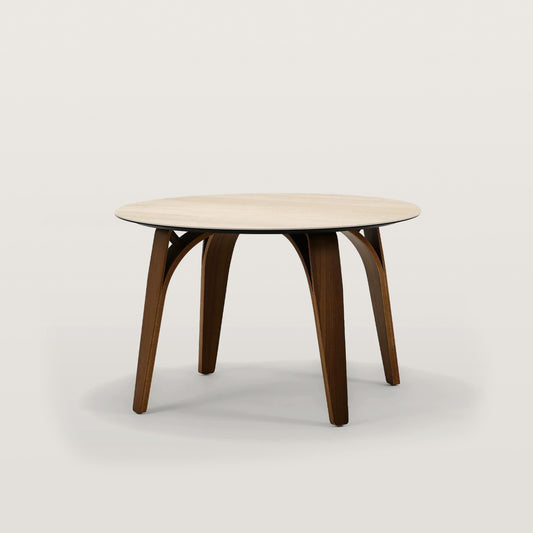 Sintered Stone Round Dining Table with Curved Wood Legs