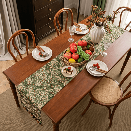 Vintage Rustic Table Runner with Colorful Tassel Fringe