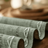 Linen Textured Table Runner with White Embroidery Pattern