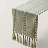 Linen Textured Table Runner with White Embroidery Pattern